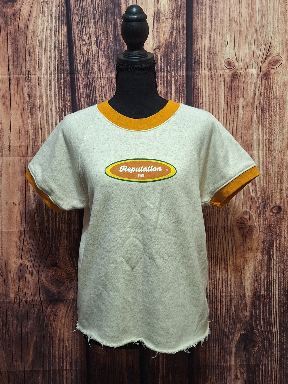 Cream Ringer Short Sleeve Tee with Mustard Trim Size Medium.